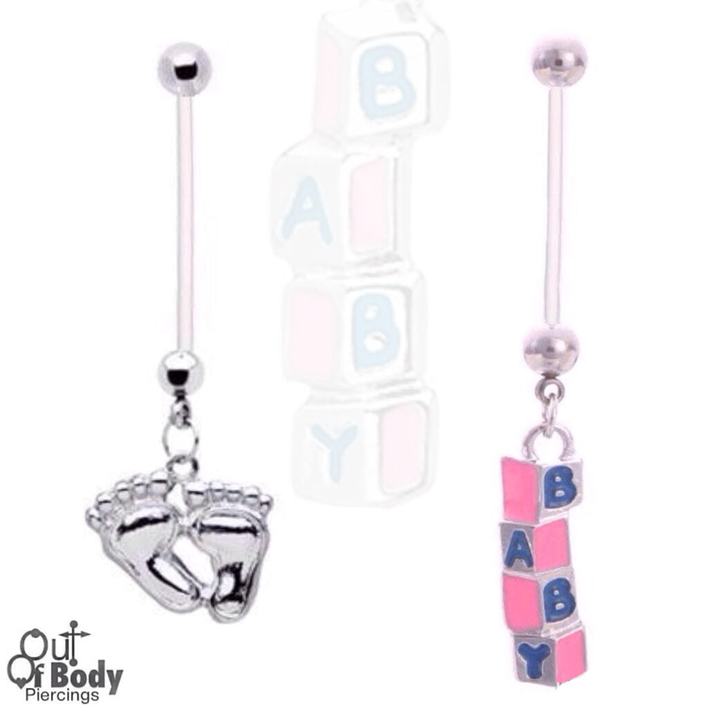 Bioplast Pregnancy Belly Ring W/ Baby Feet Or Blocks Charm