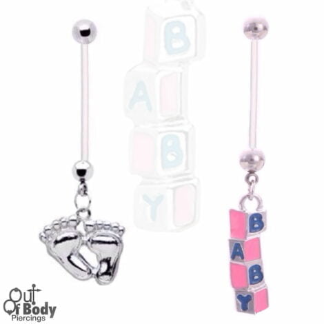 Bioplast Pregnancy Belly Ring W/ Baby Feet Or Blocks Charm