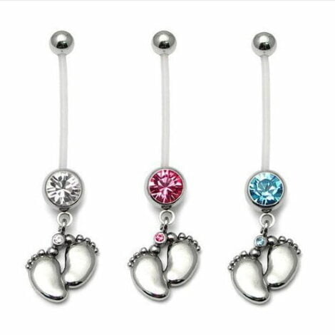 Bioplast Pregnancy CZ Belly Ring W/ Baby Feet Charm
