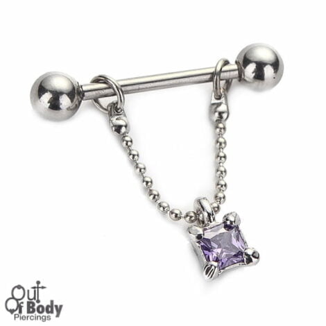 Dangling Purple Square CZ Gem Nipple Barbell Ring
