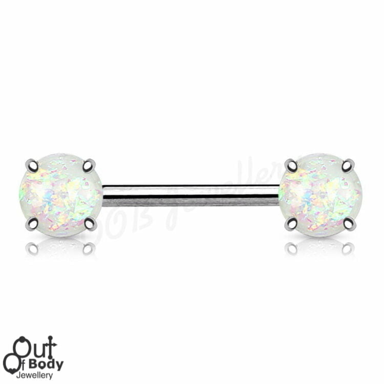 316L Steel Front Facing Opal Glitter Prong Set Nipple Barbell