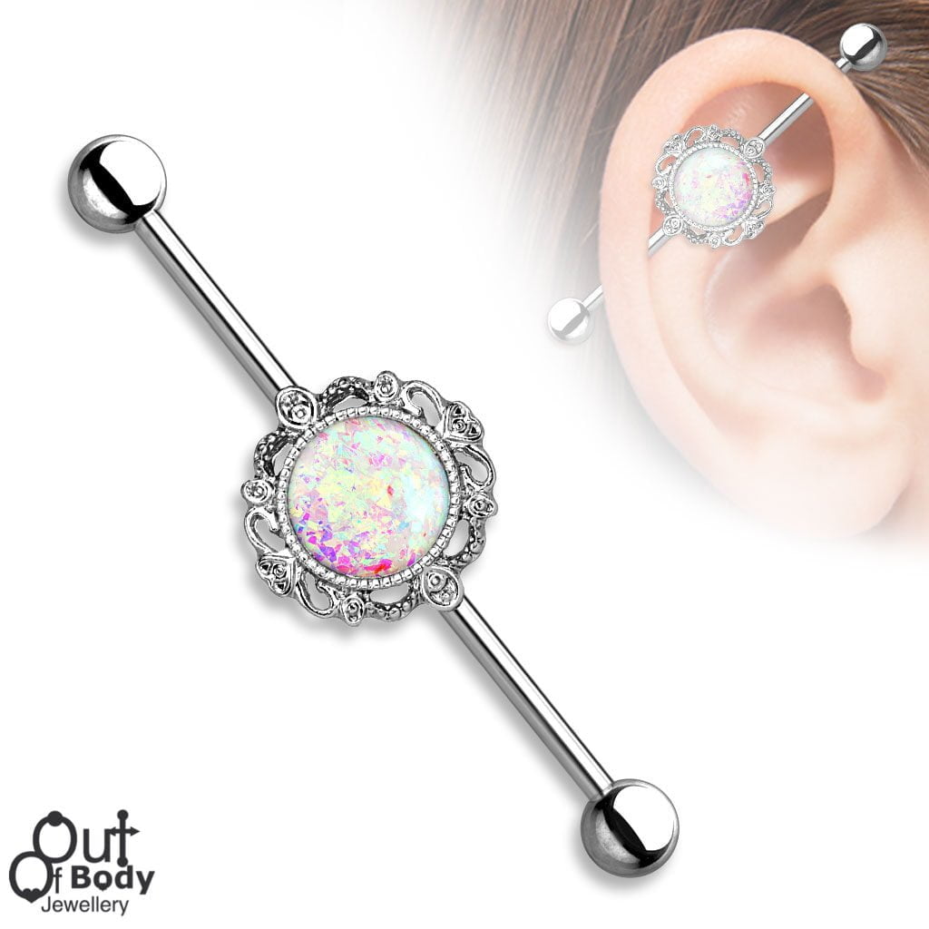 Glitter Opal Center W/ Filigree 316L Steel Industrial Barbell