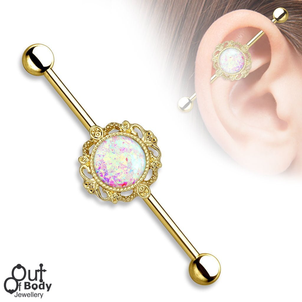 Glitter Opal Center W/ Filigree Industrial Barbell W/ Gold IP