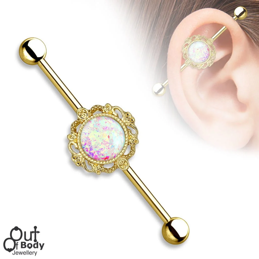 Glitter Opal Center W/ Filigree Industrial Barbell W/ Gold IP