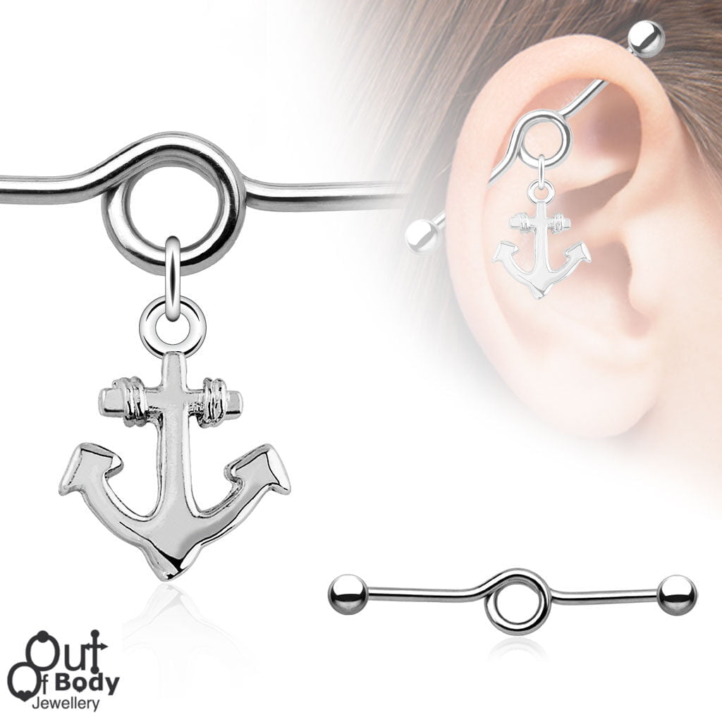 Looped Industrial Barbell W/ Dangle Ships Anchor Charm
