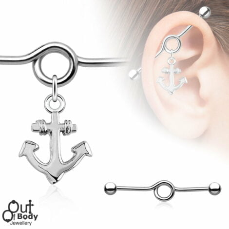 Looped Industrial Barbell W/ Dangle Ships Anchor Charm