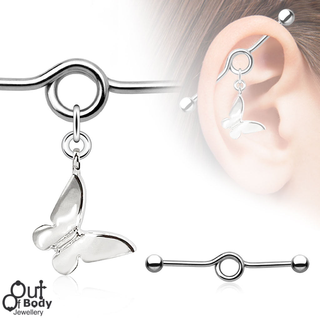 Looped Industrial Barbell W/ Dangle Butterfly Charm 316L Steel