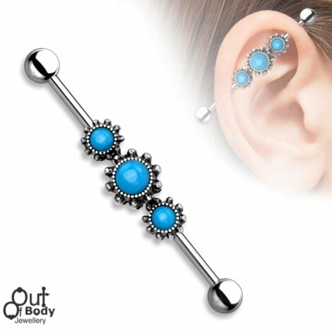 Burnish Silver Triple Round Turquoise 316L Industrial barbell