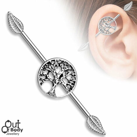 Burnish Silver Life Tree Industrial Barbell W/ Leaf Ends In 316L