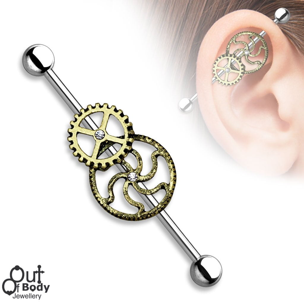 Burnish Gold Steampunk W/ CZ Industrial Barbell 316L Steel