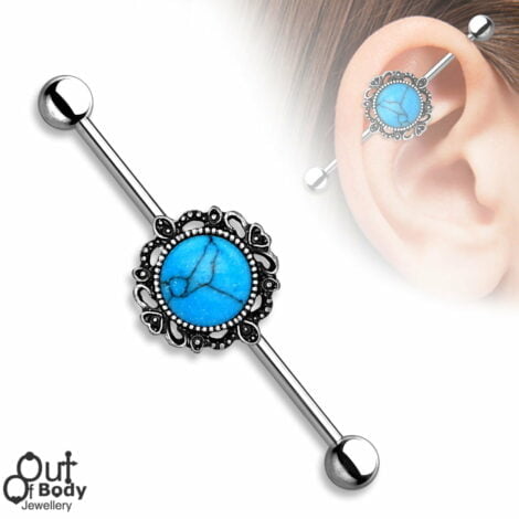 Centered Turquoise W/  Filigree 316L Steel Industrial Barbell