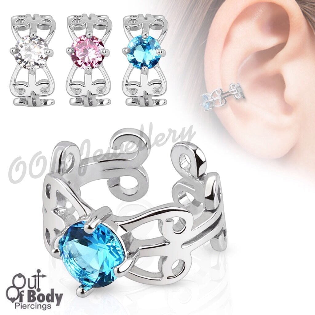 Cartilage/ Helix Ear Cuff Non Piercing Carved Swirls W/ CZ