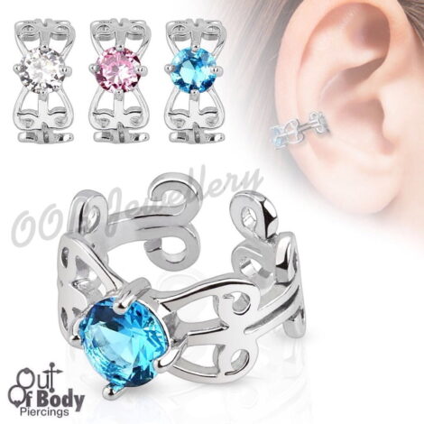 Cartilage/ Helix Ear Cuff Non Piercing Carved Swirls W/ CZ