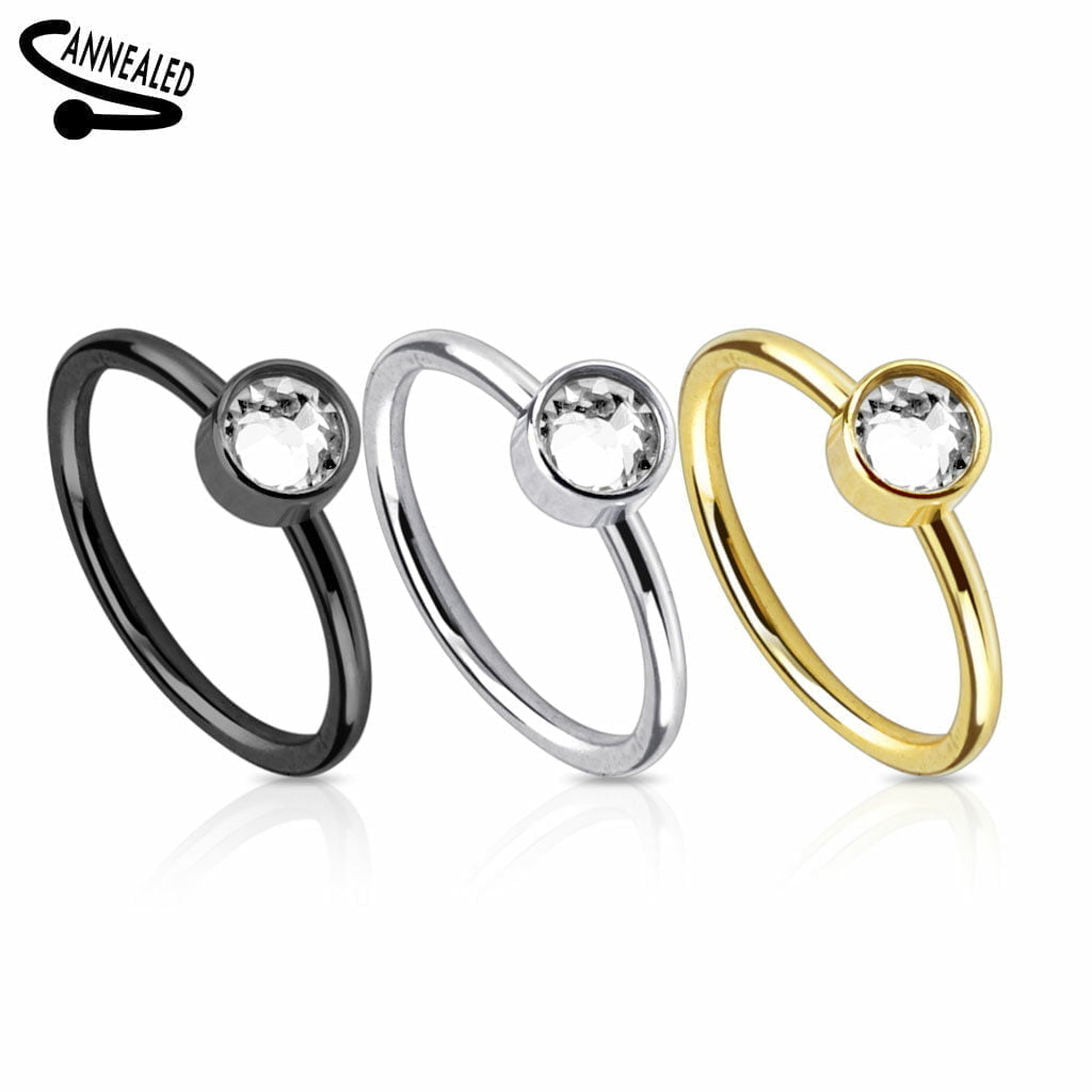 Hoop Nose Ring W/ Jewelled Disc In IP Titanium Over 316L Steel