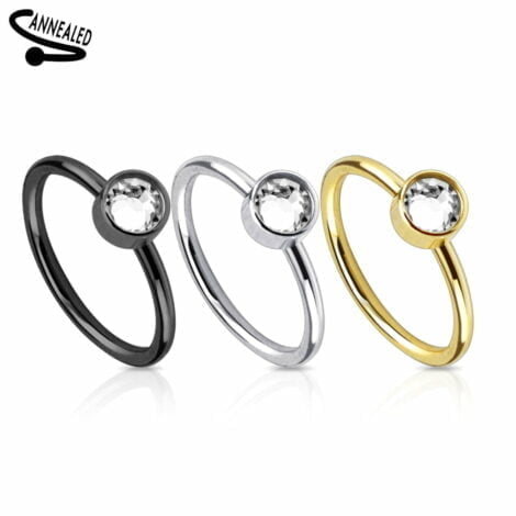 Hoop Nose Ring W/ Jewelled Disc In IP Titanium Over 316L Steel