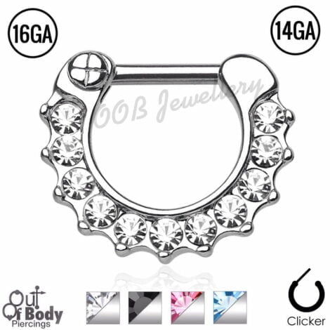 Septum Clicker Hinged Scalloped Edge Paved CZ Nose Ring 16G/ 14G