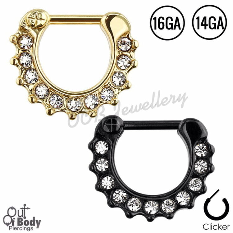 Septum Clicker Hinged Scalloped Edge Paved CZ - Gold Or Black