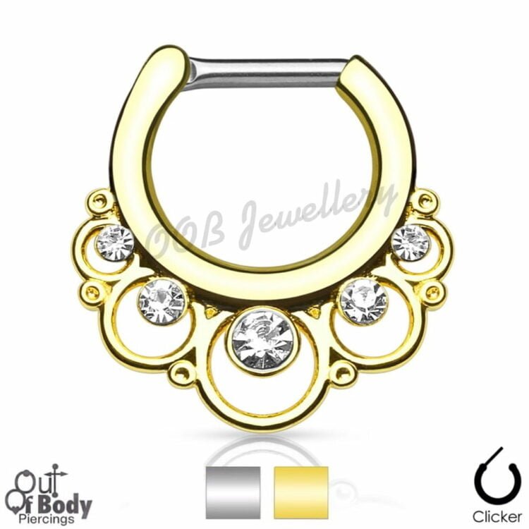 Septum Clicker Round Floral W/ Gems Gold IP Nose Ring