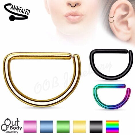 Cartilage Ear/ Septum D Shape Cut Hoop Ring In Titanium Colours