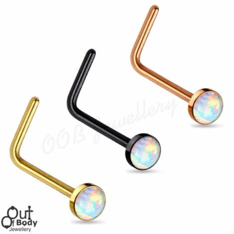 20G Opal Flat Top Nose Stud L-Bend W/ Titanium PVD 316L Steel