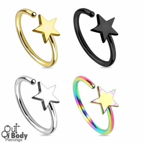 Hoop Nose Ring W/ Star Top In IP Titanium Colours