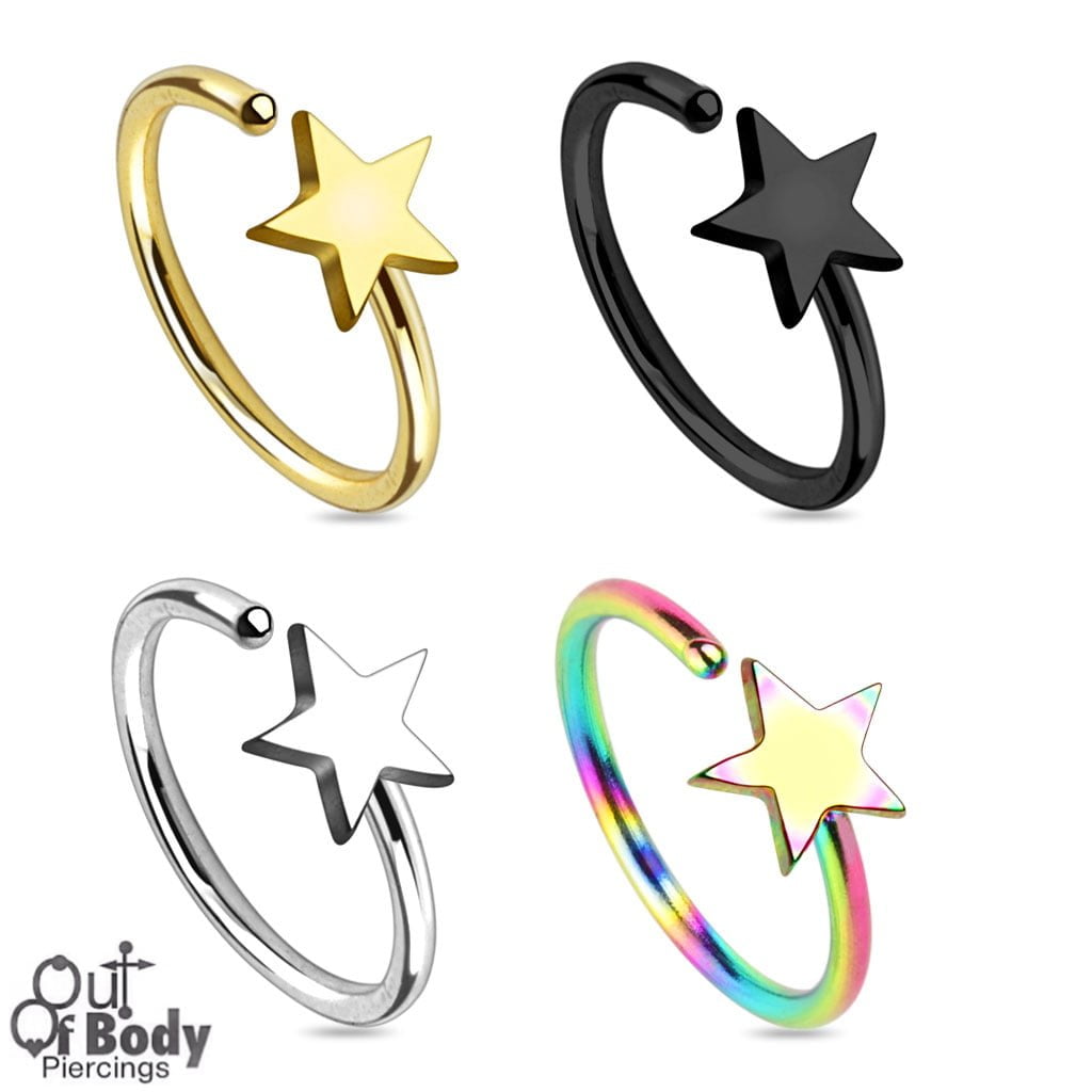 Hoop Nose Ring W/ Star Top In IP Titanium Colours