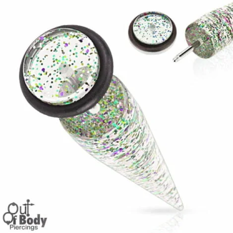 Acrylic Straight Fake Taper In Clear W/ Green Sparkle