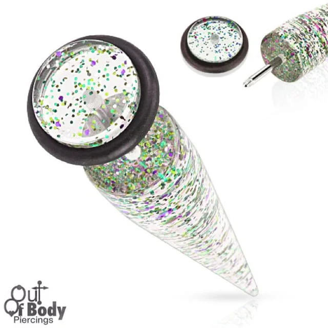 Acrylic Straight Fake Taper In Clear W/ Green Sparkle