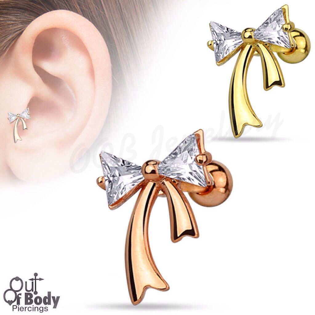Cartilage/ Tragus CZ Triangle Ribbon W/ IP Gold Barbell