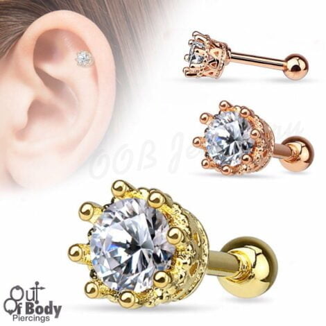 Cartilage/ Tragus Barbell W/ Vintage 8 Prong CZ Top In IP Gold