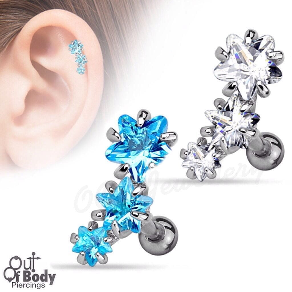 Cartilage/ Helix CZ Pronged Star Triple Row 316L Steel Barbell