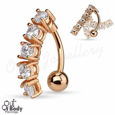 5 CZ Vertical Drop Belly Ring W/ Rose Gold IP Over 316L Steel
