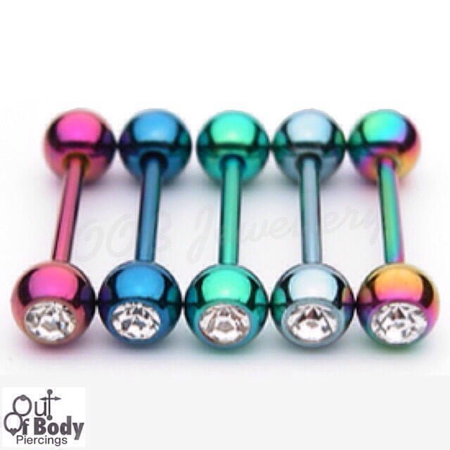 316L Steel Tongue Barbell In Colourful Titanium W/ Press Fit CZ