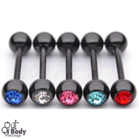 316L Steel Tongue Barbell In Black w/ Press Fit Gem Ball