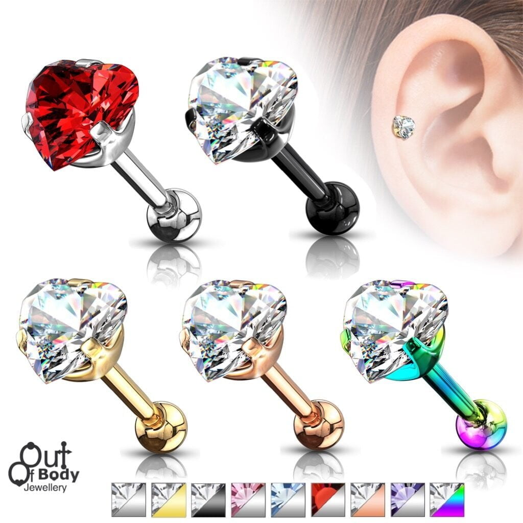 Cartilage/ Tragus Claw Set Heart CZ Gem Top Barbell