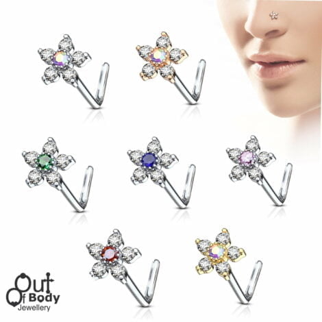 CZ Glitter Flower with Coloured Centre Gem L Bend Nose Ring