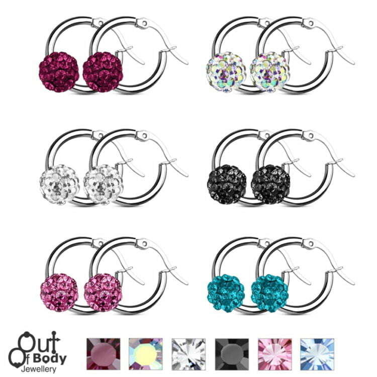 316L S. Steel Hoop Earrings W/ Coloured Crystal Pave Ball