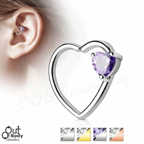 Ear Cartilage Daith Heart Hoop Ring Left Ear W/ Heart CZ