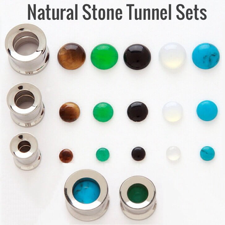 316L Steel Threaded Tunnel W/ Inter-changeable Stone Insert Sets