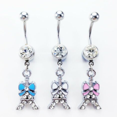 Crystal Paved Eiffel Tower W/ Bow Belly Navel Ring