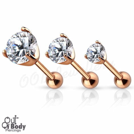 Cartilage/ Tragus Barbell W/ Prong Set Round CZ In IP Rose Gold