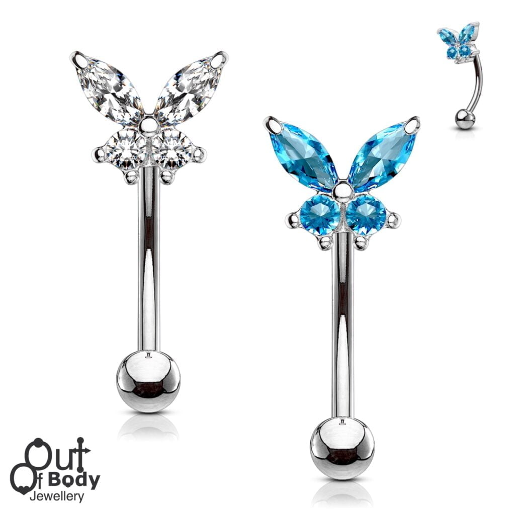 16G Butterfly Prong Set CZ Top Curved Barbell Eyebrow Rook