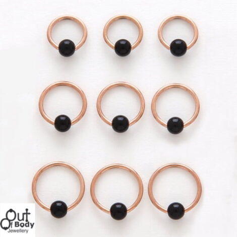 316L Steel Captive Bead Hoop 14KT Rose Gold Plate W/ Onyx Ball