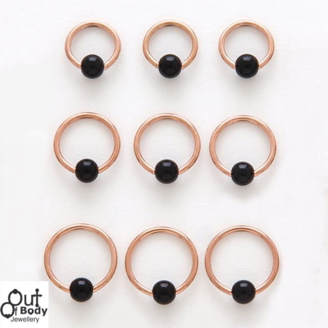 316L Steel Captive Bead Hoop 14KT Rose Gold Plate W/ Onyx Ball