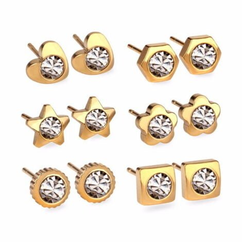 Value Pack 6 Pairs Gold Plated CZ Post Earrings Stainless Steel