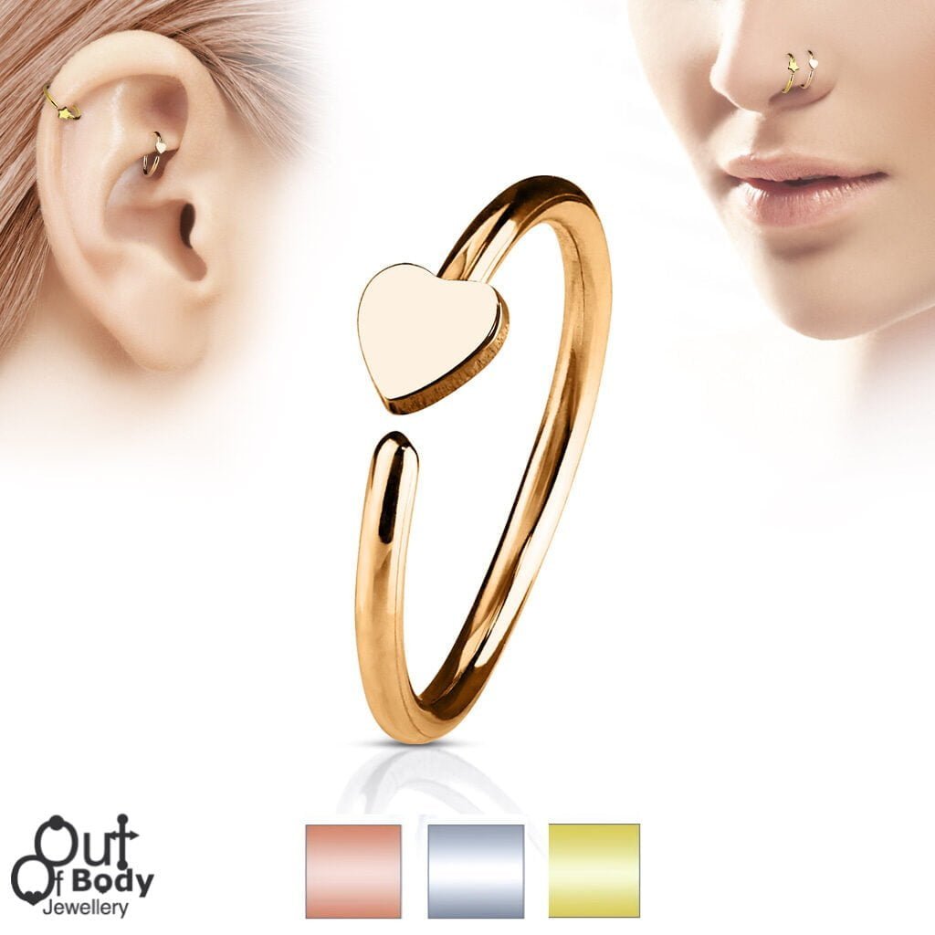 Hoop Nose Ring W/ Small Heart Top In IP Colours
