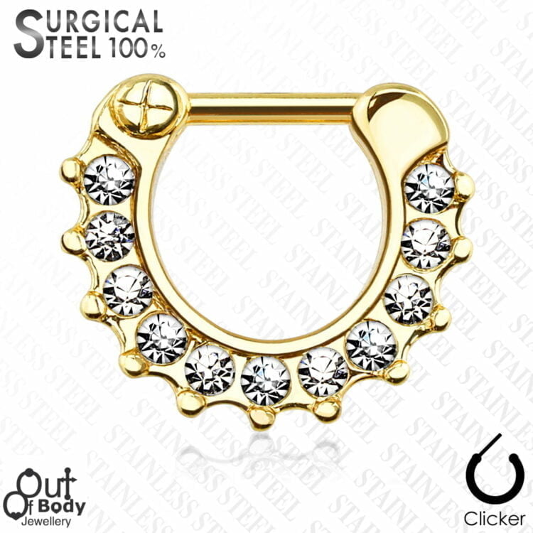 Septum Clicker All 316L Steel Scalloped Edge CZ Gold Nose Ring