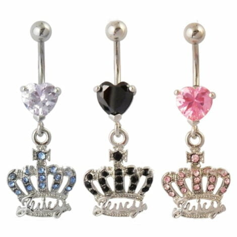 Prong Set Heart CZ W/ Dangling Crystal Paved Juicy Logo Crown