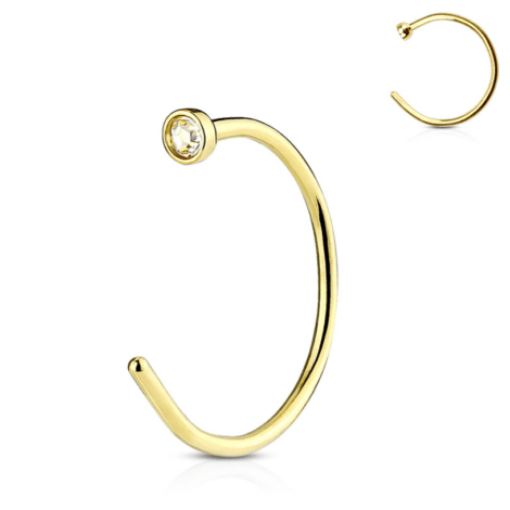 Hoop Nose Open C Ring With Clear Gem End In IP Gold
