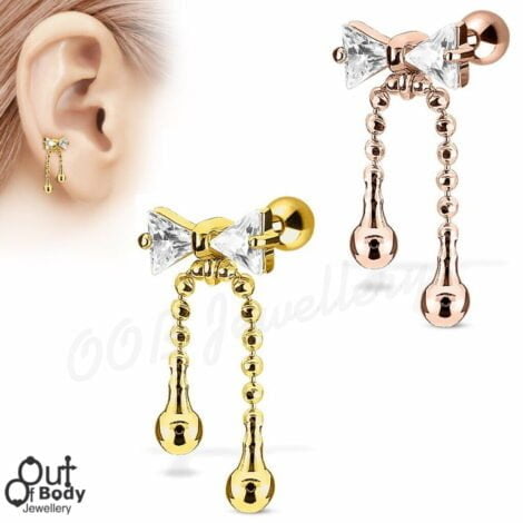 Cartilage/ Tragus CZ Ribbon W/ Chain Dangle In IP Gold Barbell